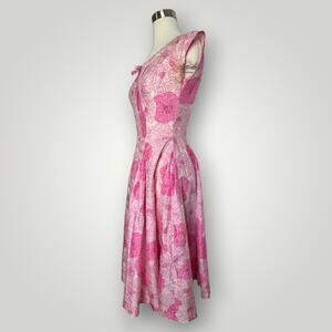 Vintage Pat Hartley 1950s Pink Floral Cocktail Dress Pleated Full Skirt Bow Sm